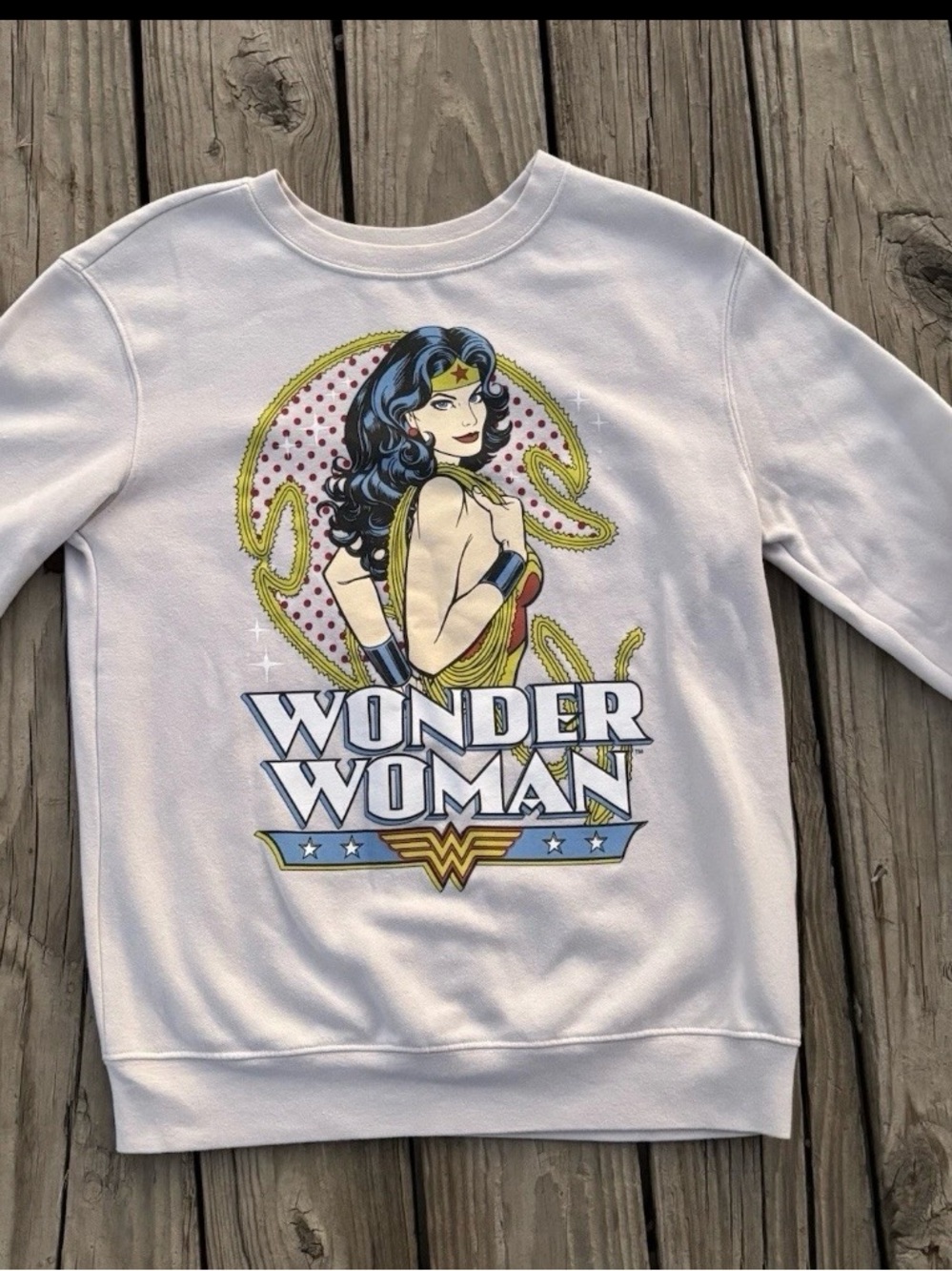Love Tribe Wonder Woman Graphic Crewneck Sweatshirt - White, Blue, Yellow, Red
